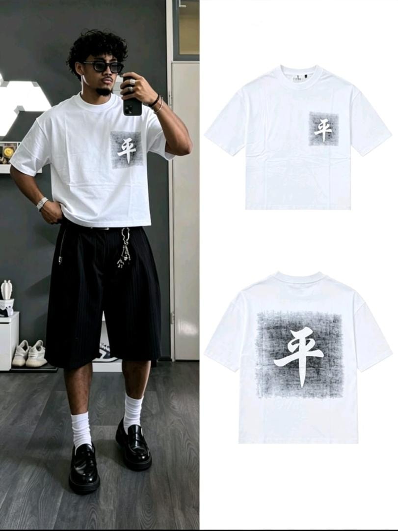 Model wearing white kanji print t-shirt with front and back flat lays.