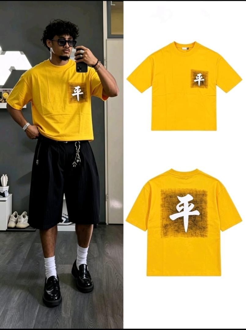 Model wearing yellow kanji print t-shirt with chest and back views.