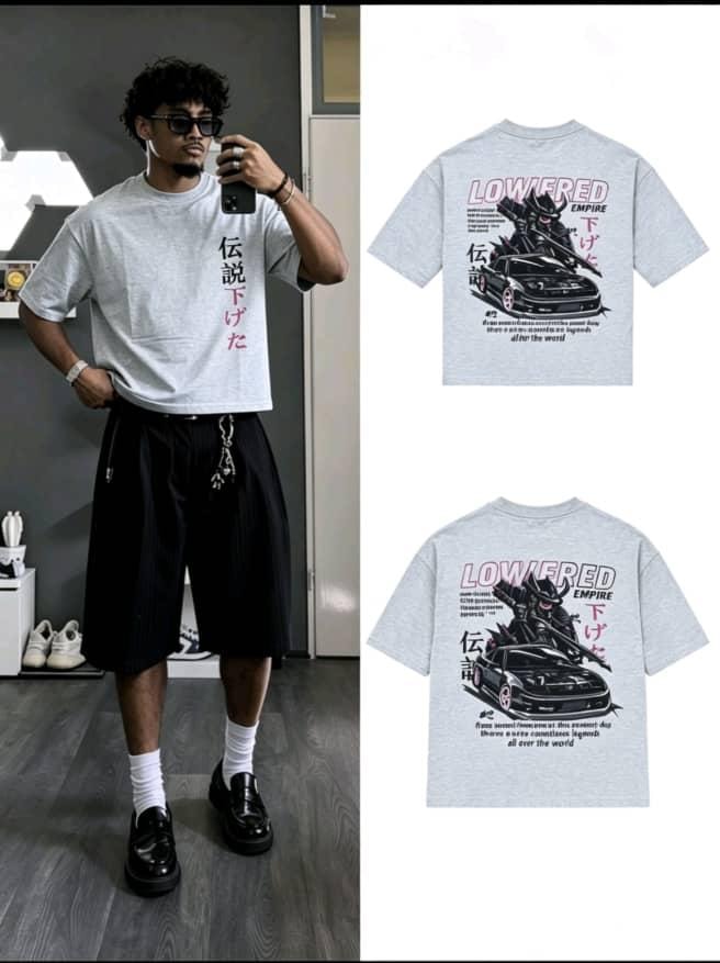 Model wearing gray Lowered Empire t-shirt with front text and back flat lays.