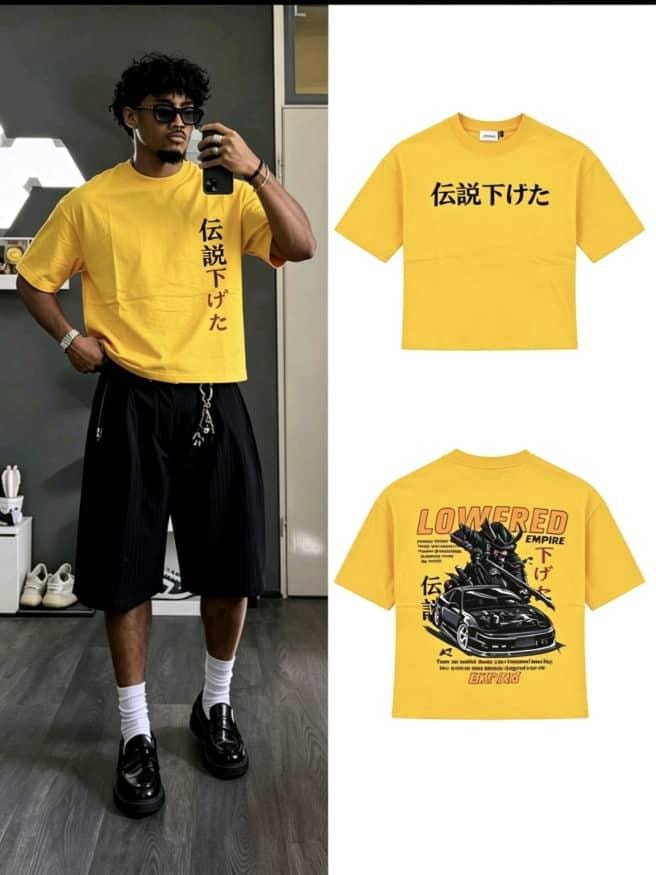 Model wearing yellow Lowered Empire t-shirt with front and back flat lays.
