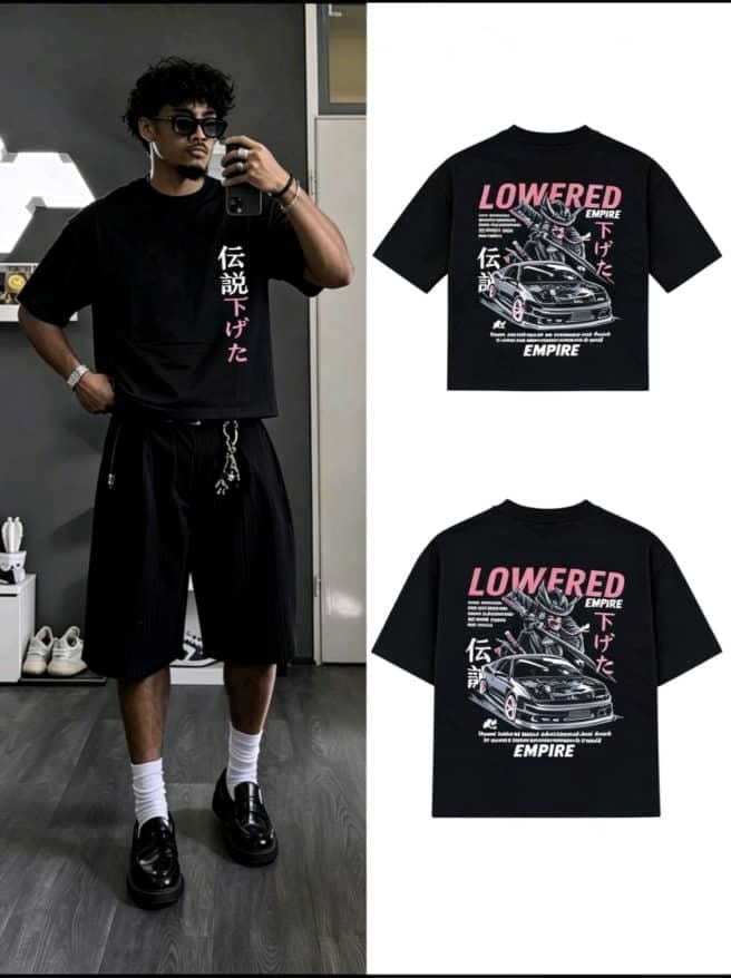 Model wearing black Lowered Empire t-shirt with front text and back flat lays.