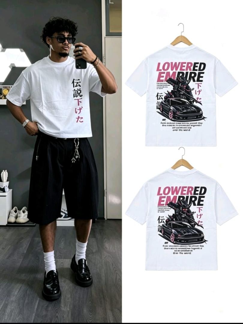 Model wearing white Lowered Empire t-shirt with front Japanese text and back flat lays.