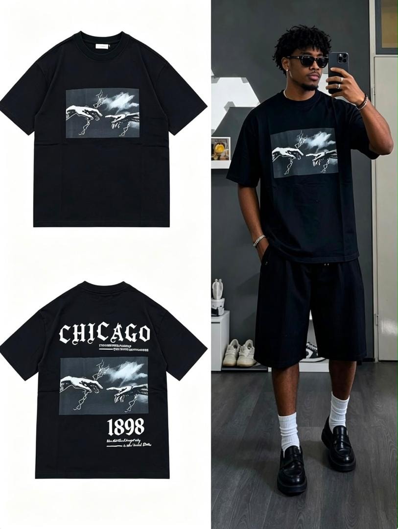 Black Chicago graphic t-shirt with hands print shown in front and back flat lays plus model view.