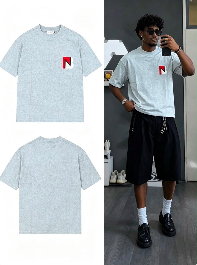 Gray NB logo t-shirt shown in front flat lay, back flat lay, and model wearing.