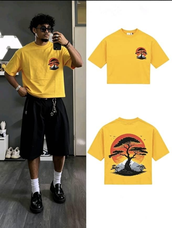 Man wearing yellow sunset tree graphic t-shirt alongside front and back product shots.