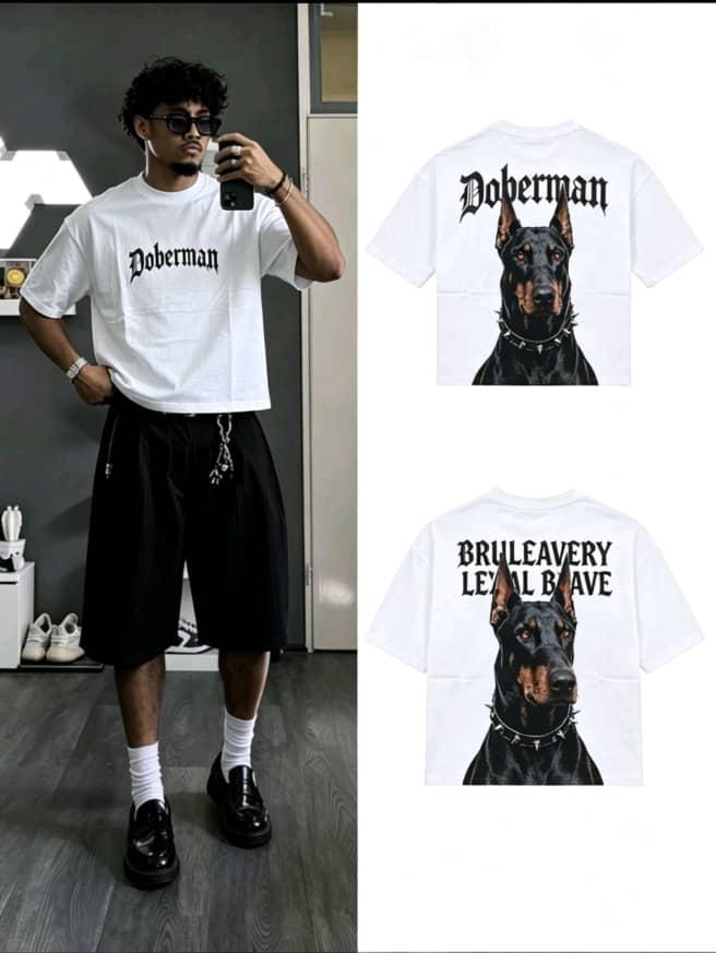 Man wearing white Doberman graphic t-shirt with product flat lays showing back design.