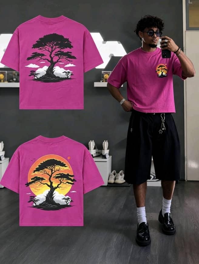 Man wearing pink sunset tree graphic t-shirt displayed with back print flat lays.