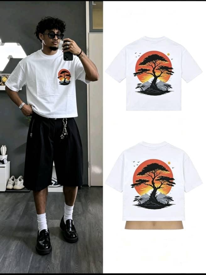 Man wearing white sunset tree graphic t-shirt with front and back flat lay views.