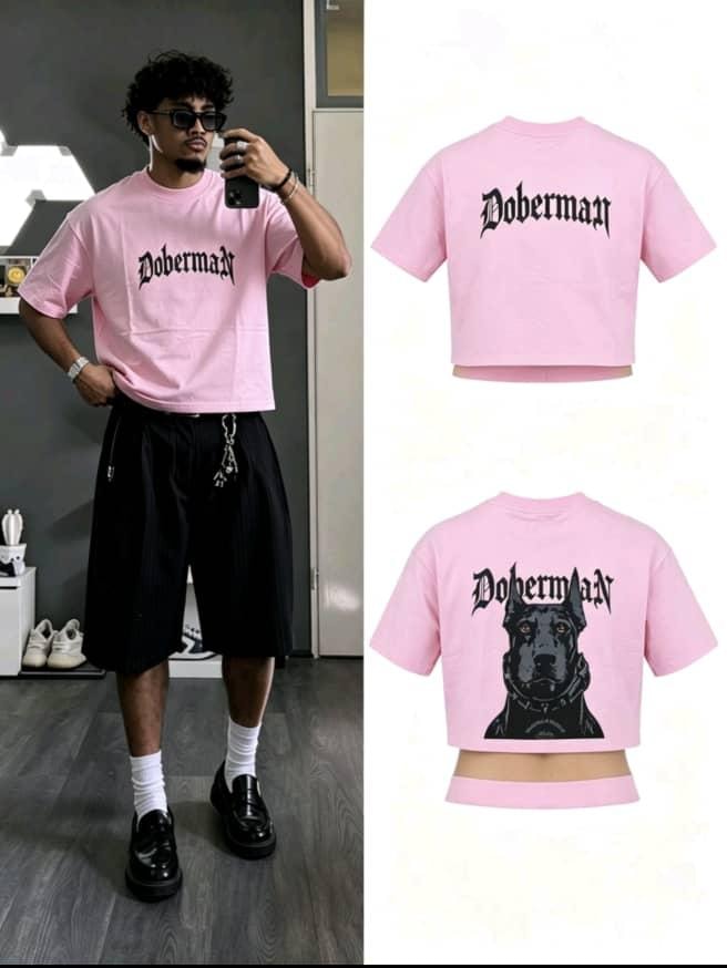 Man wearing pink Doberman graphic t-shirt with flat lay views of front and back.