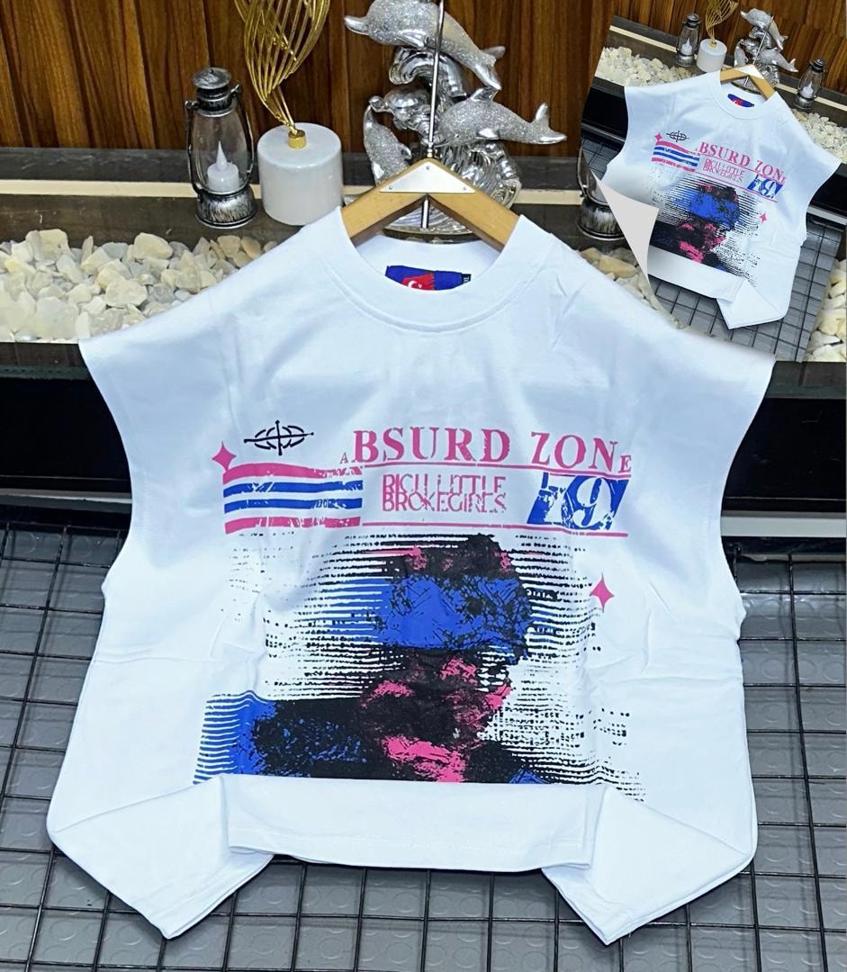White short sleeve tee with multicolour BSURD ZONE graphic print on front.