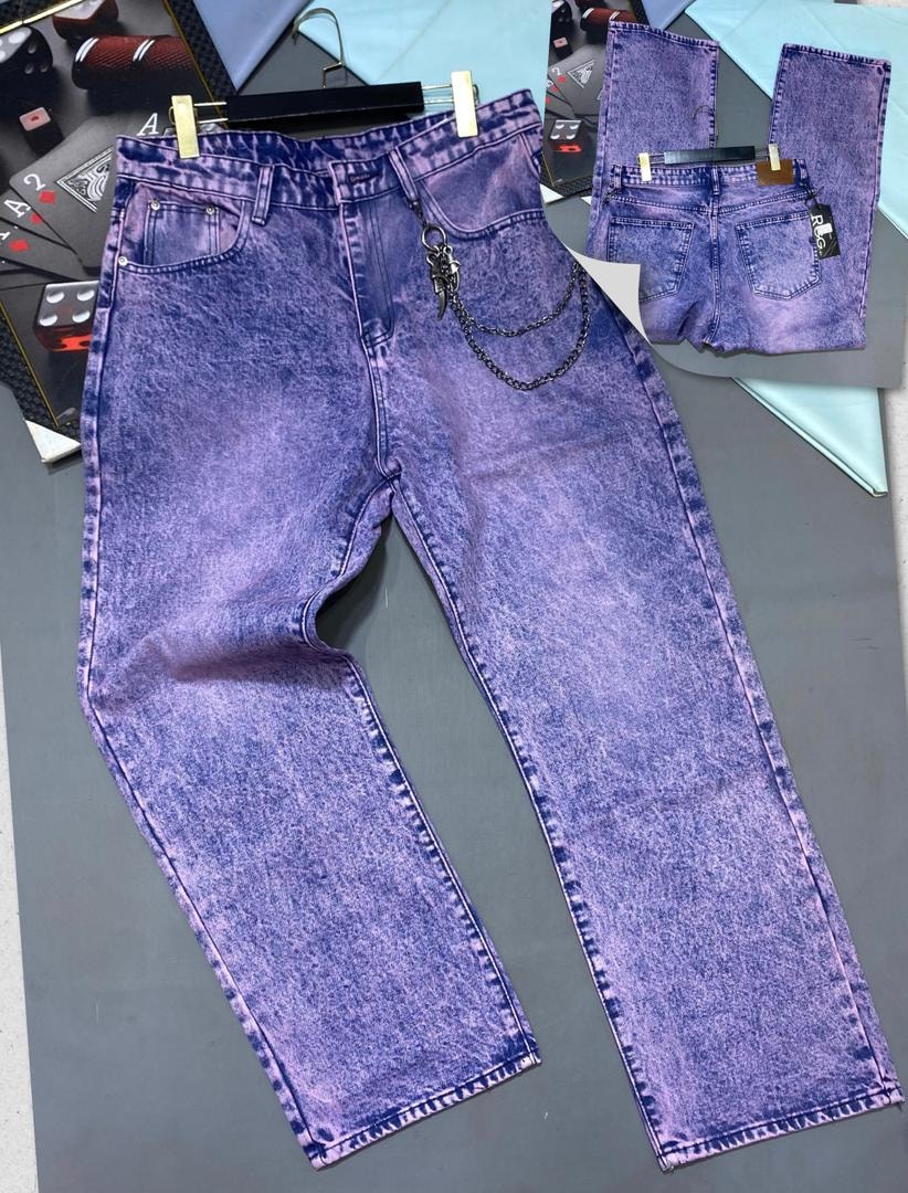 Purple acid wash baggy jeans shown from front and back with hanging chain and keychain detail.