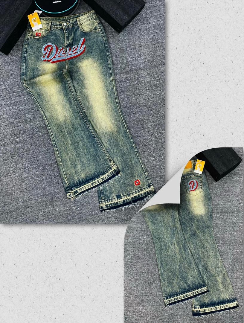 Flat lay and peel-back view of acid wash baggy jeans with Diesel logo on front and D on back pocket.