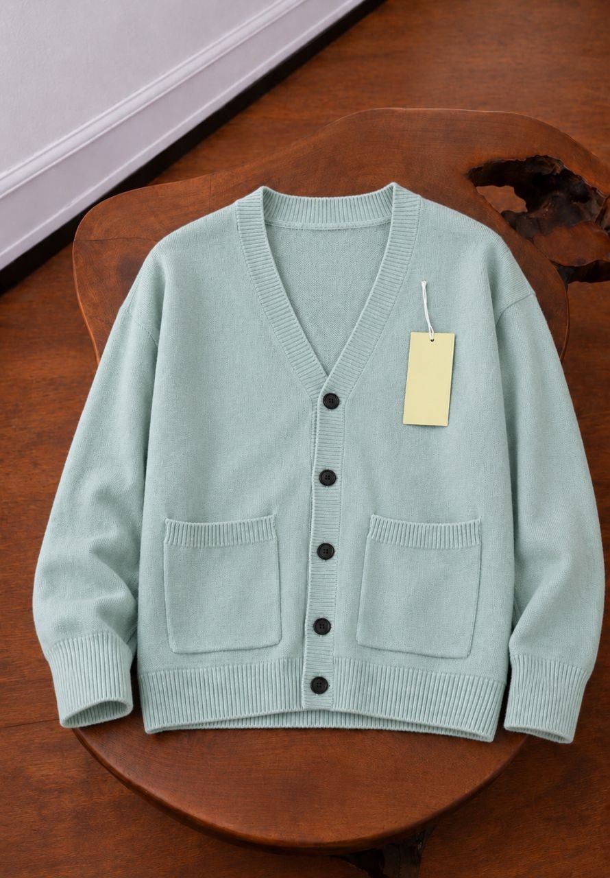 Mint green V-neck knit cardigan with pockets and tag on wooden table.