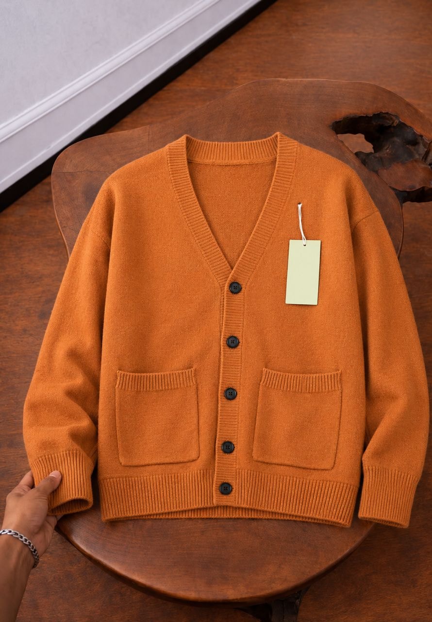Orange V-neck knit cardigan with pockets and tag on wooden table.