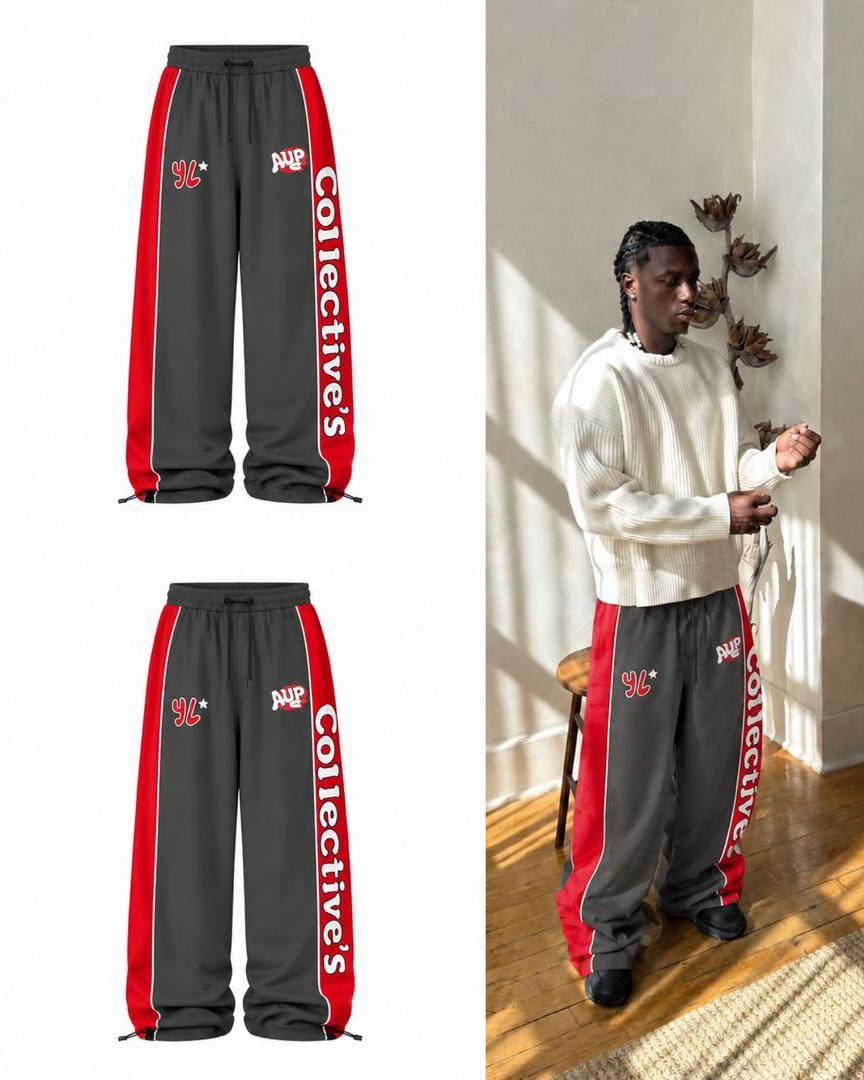 Gray joggers with red side stripes, Collective's text and logos in flat lay and model shots.