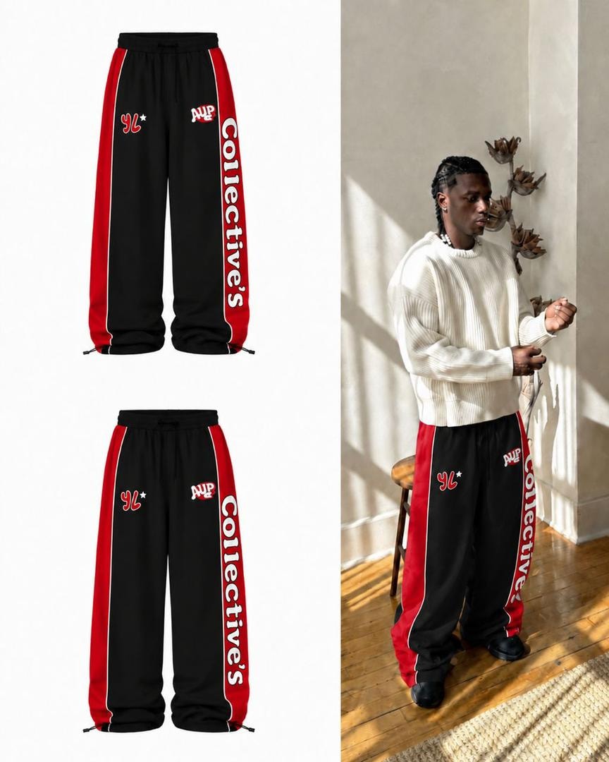 Black joggers with red side stripes, Collective's text and logos in flat lay and model shots.