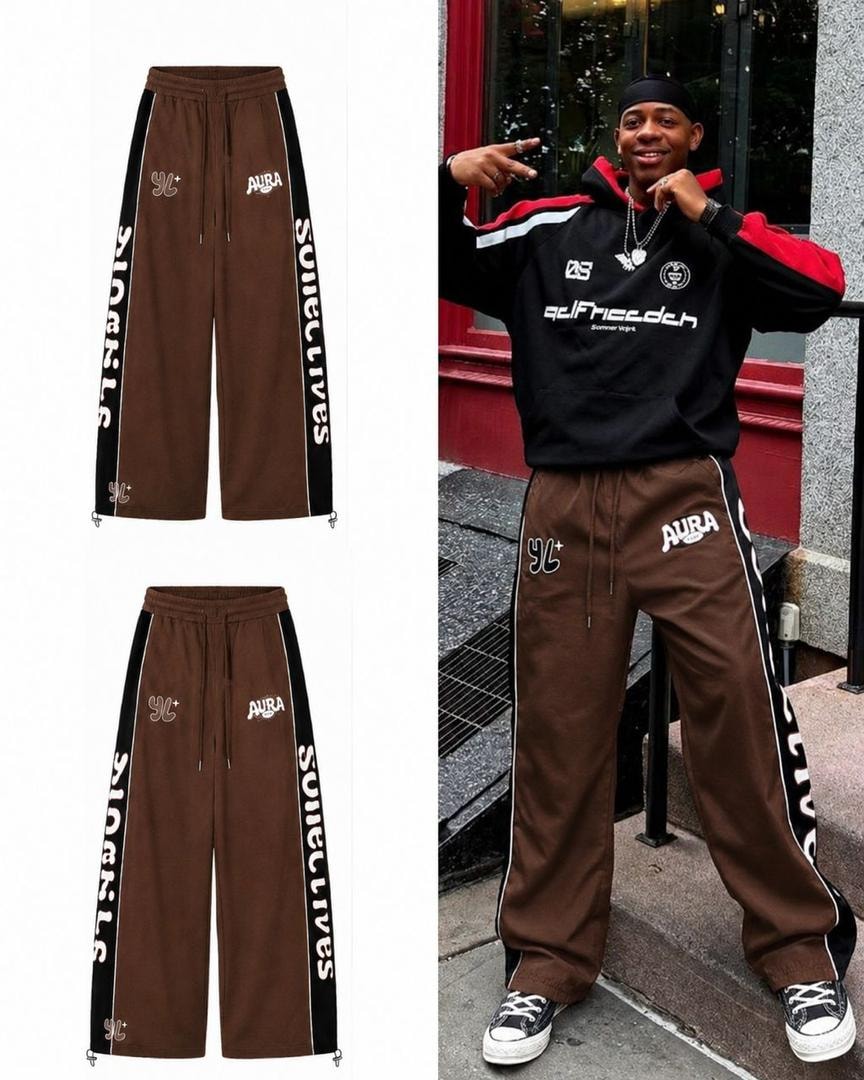 Brown joggers with black side stripes, SOULCLIVES text and AURA logos in flat lay and model shots.