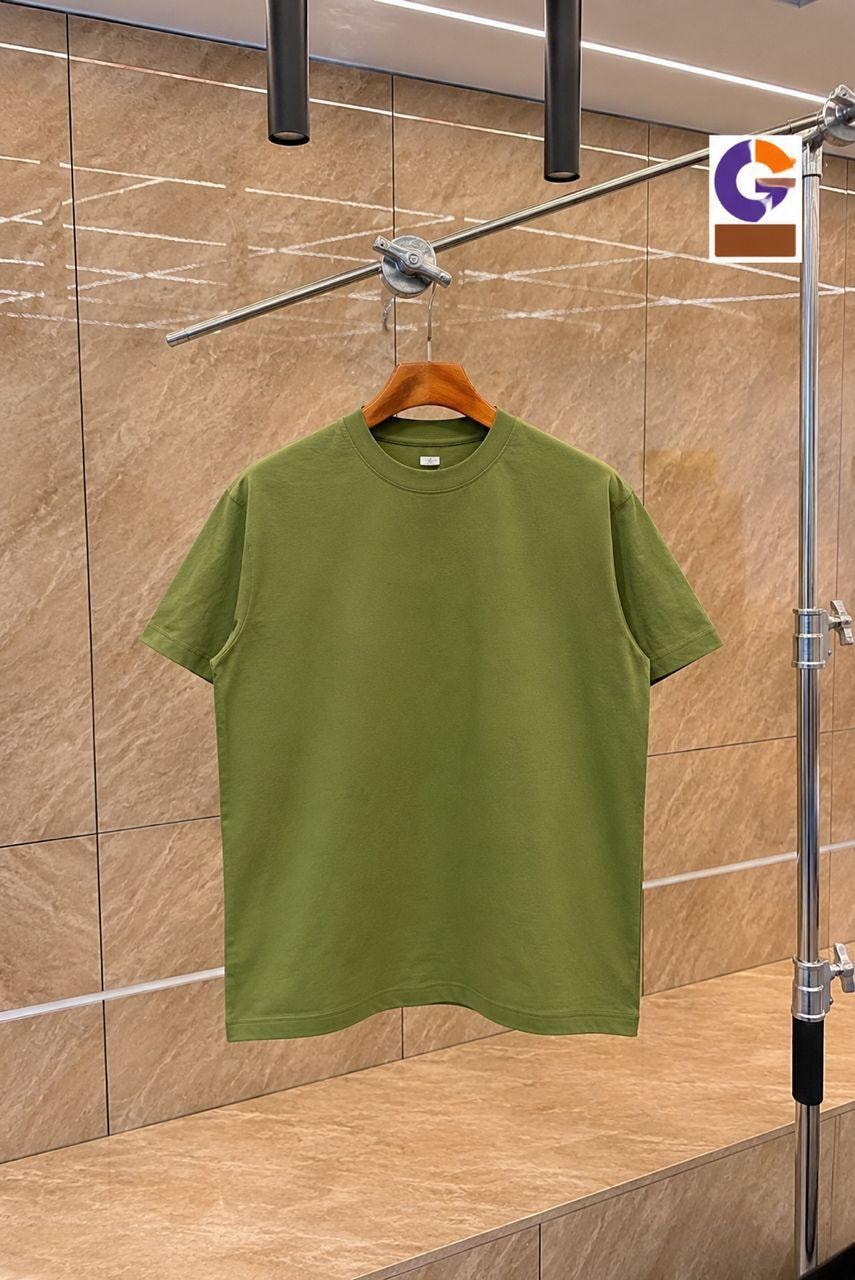 Olive plain unisex t-shirt on wooden hanger.