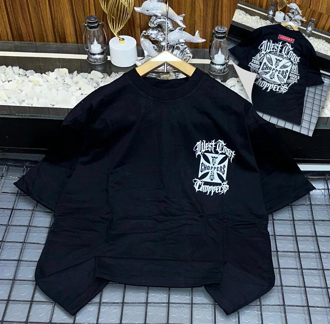 Black oversized t-shirt with West Coast Choppers chest graphic and full back print inset.