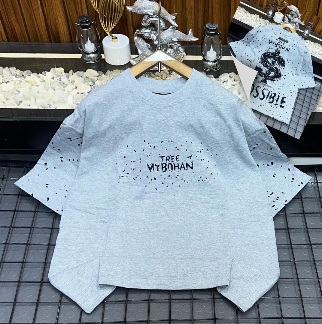 Light gray oversized t-shirt with black TREE MYBOHAN splatter print on front and back graphic inset.