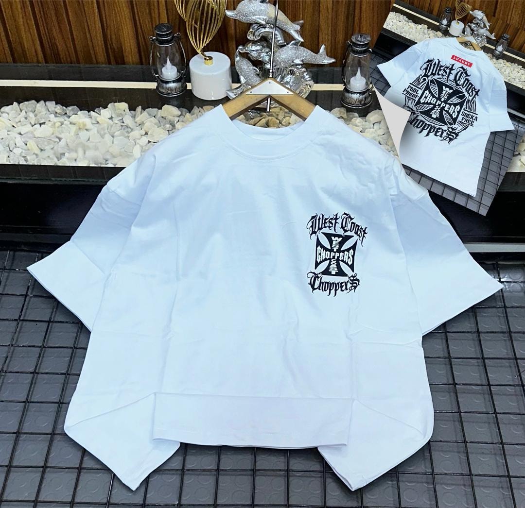 White oversized t-shirt with West Coast Choppers chest graphic and full back print inset.