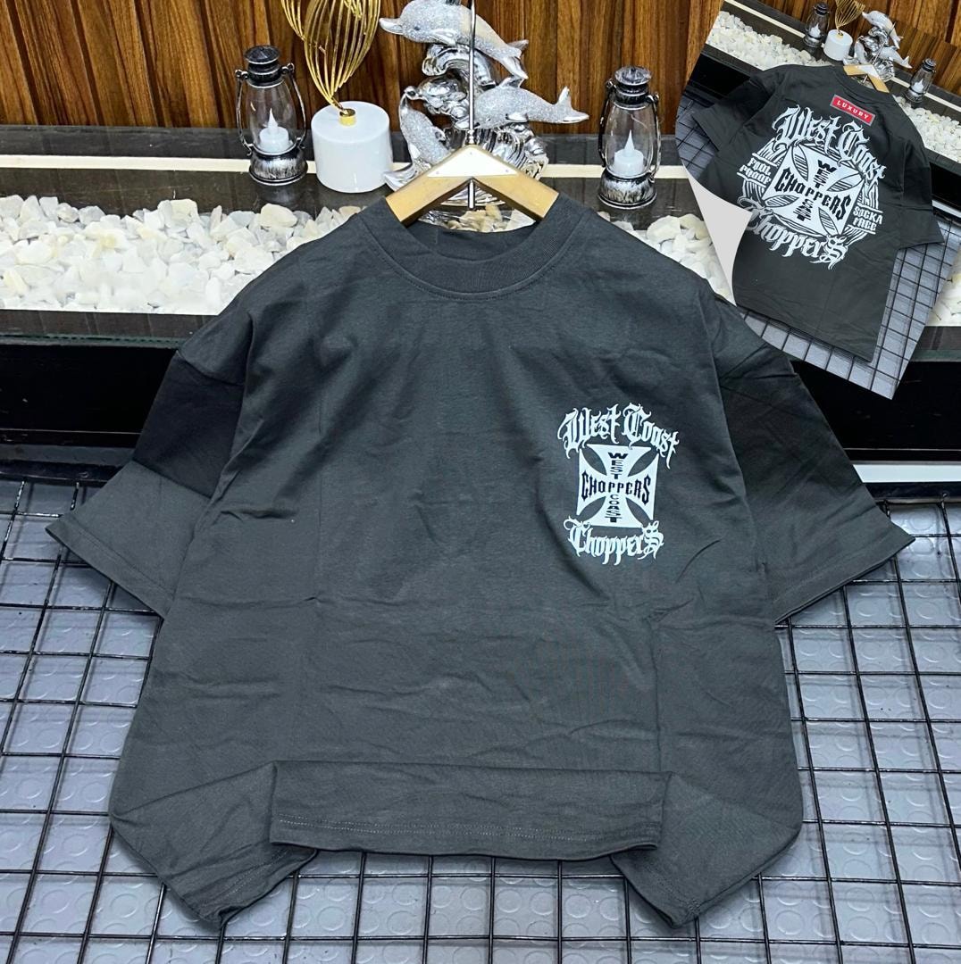 Gray oversized t-shirt with West Coast Choppers chest graphic and full back print inset.