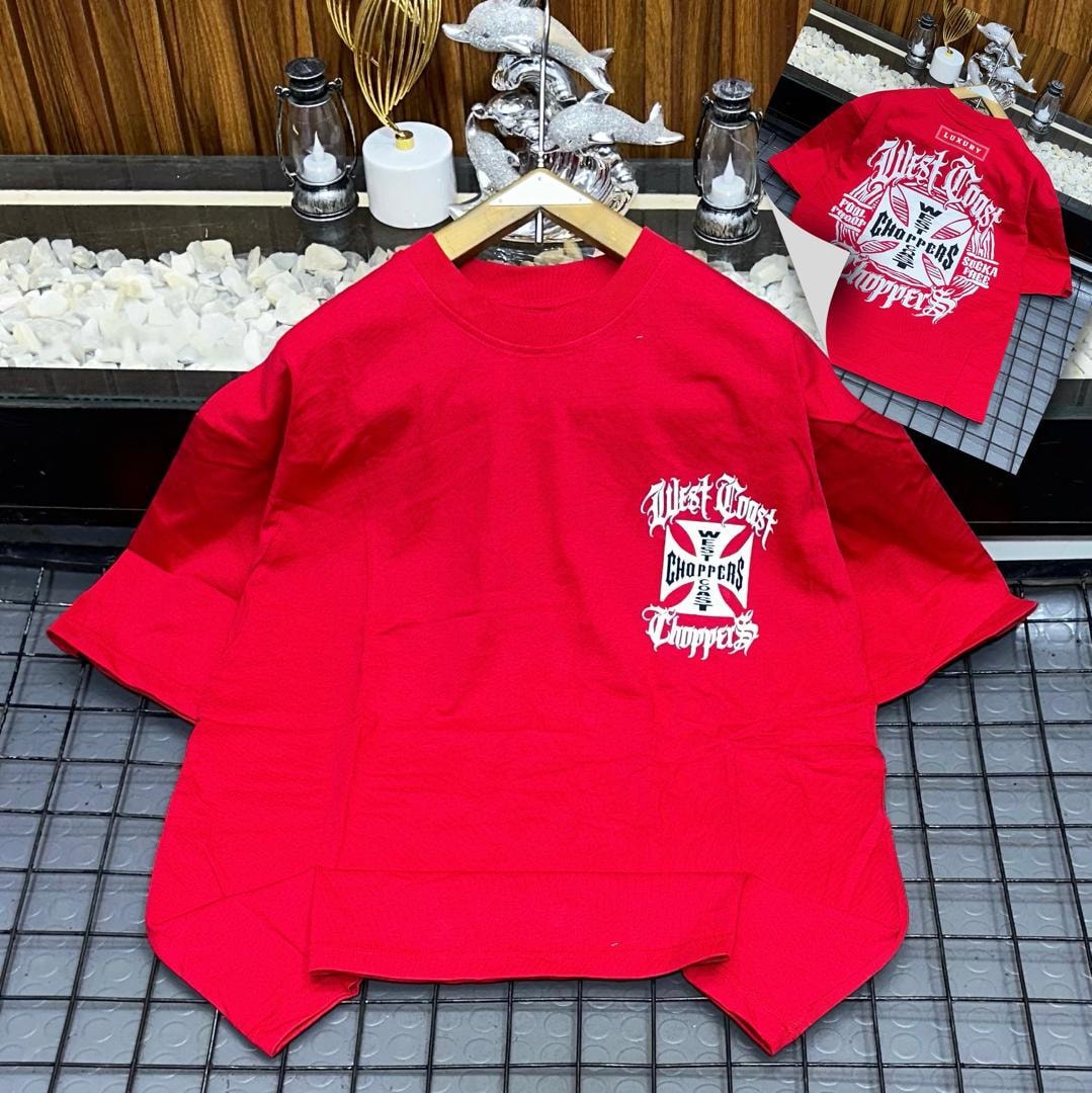 Red oversized t-shirt with West Coast Choppers chest graphic and full back print inset.