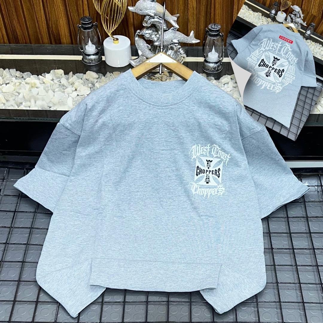 Light blue oversized t-shirt with West Coast Choppers chest graphic and full back print inset.