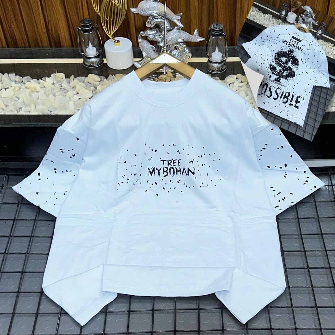 White oversized t-shirt with black TREE MYBOHAN splatter print on front and back graphic inset.