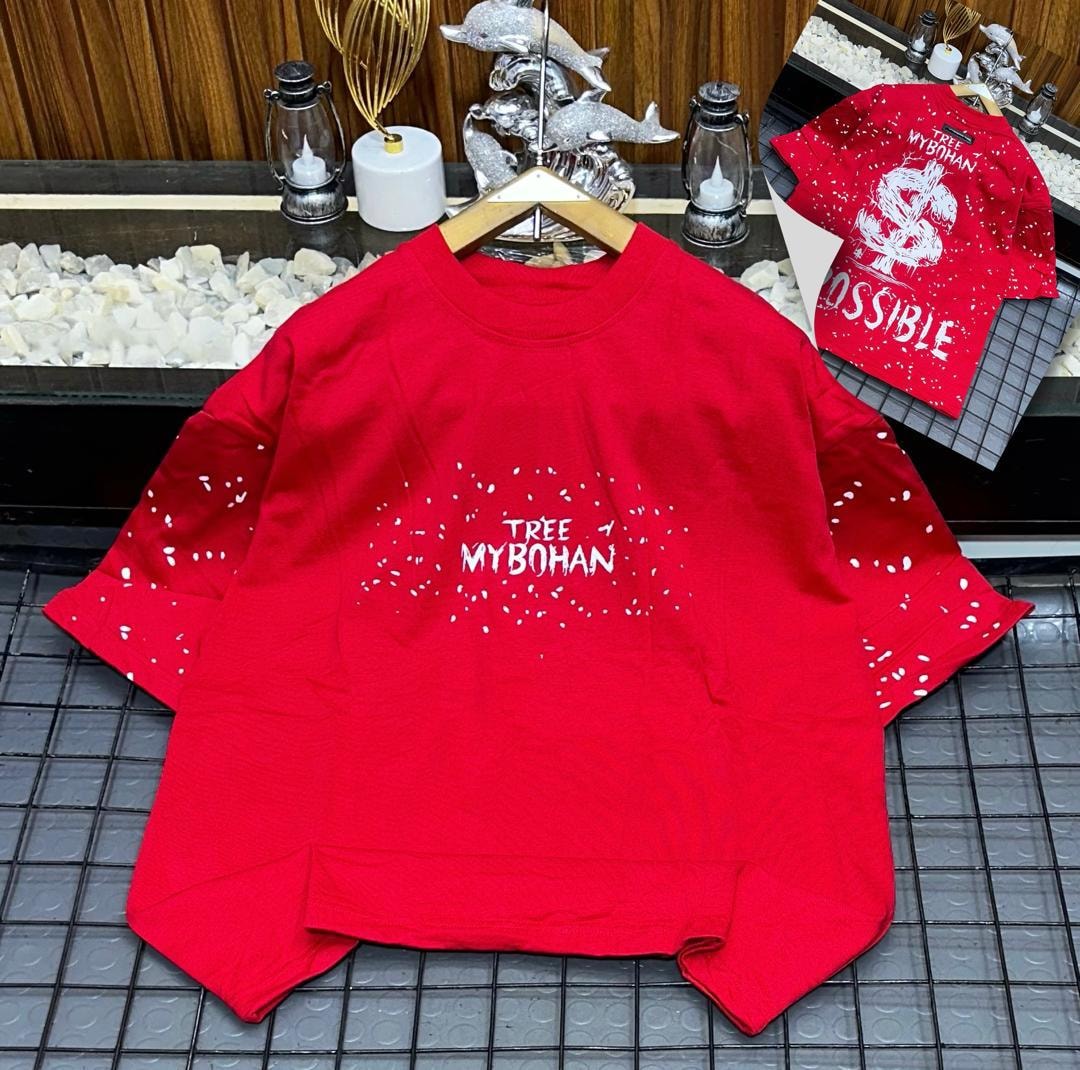 Red oversized t-shirt with white TREE MYBOHAN splatter print on front and back graphic inset.