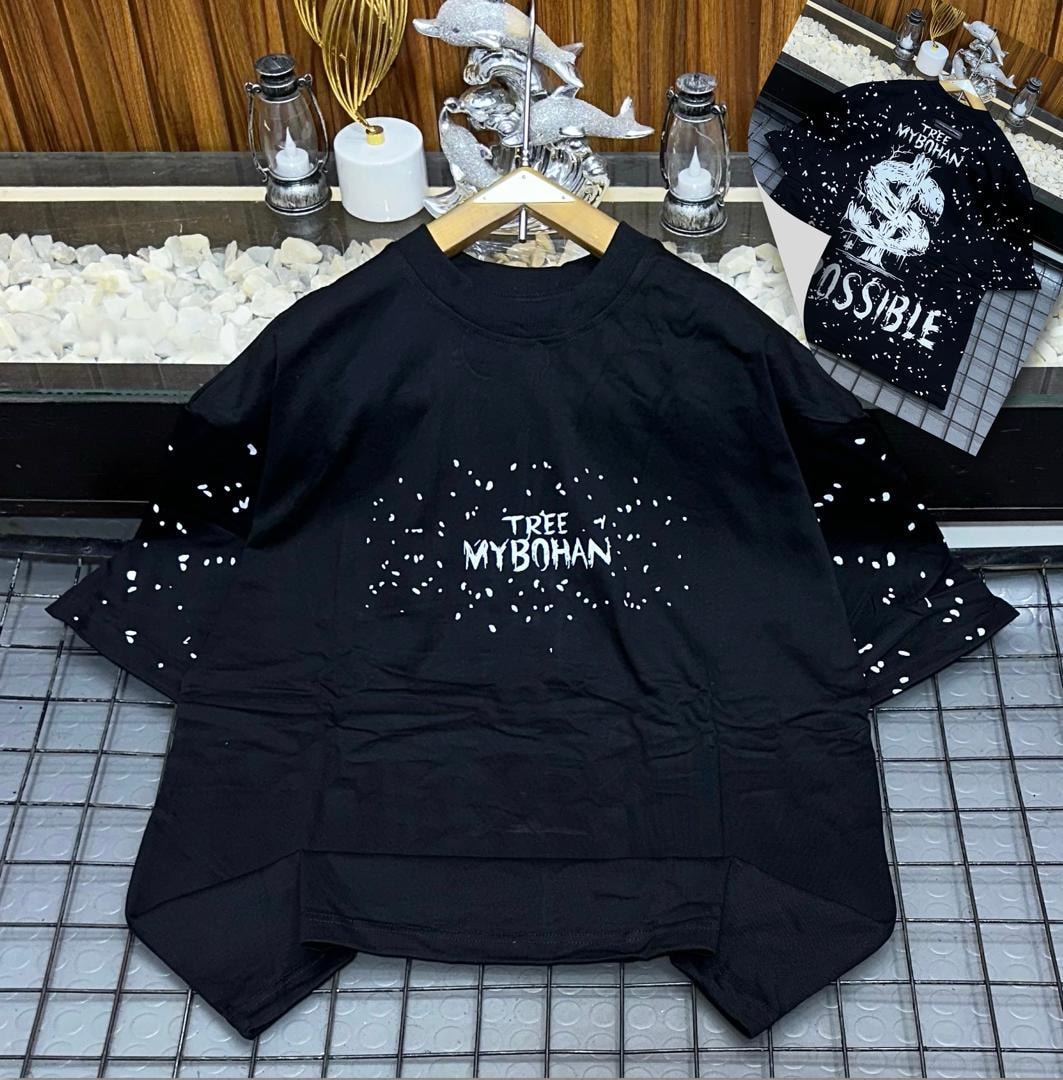 Black oversized t-shirt with white TREE MYBOHAN splatter print on front and back graphic inset.
