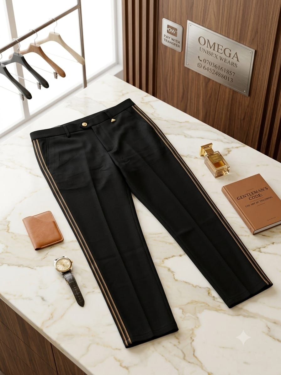 Black trousers with gold side stripes on marble surface with Omega branding and accessories.