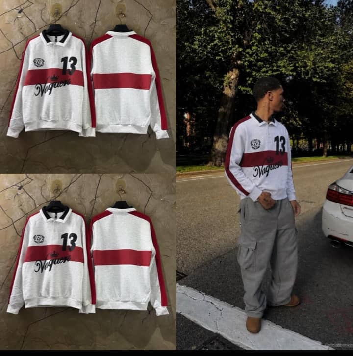White Vaquera 13 polo sweatshirt in flat lay and lifestyle images with red stripes.