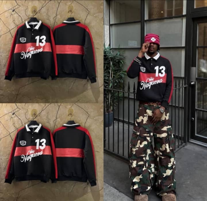 Black Vaquera 13 polo sweatshirt shown in flat lay and on model with red stripes.