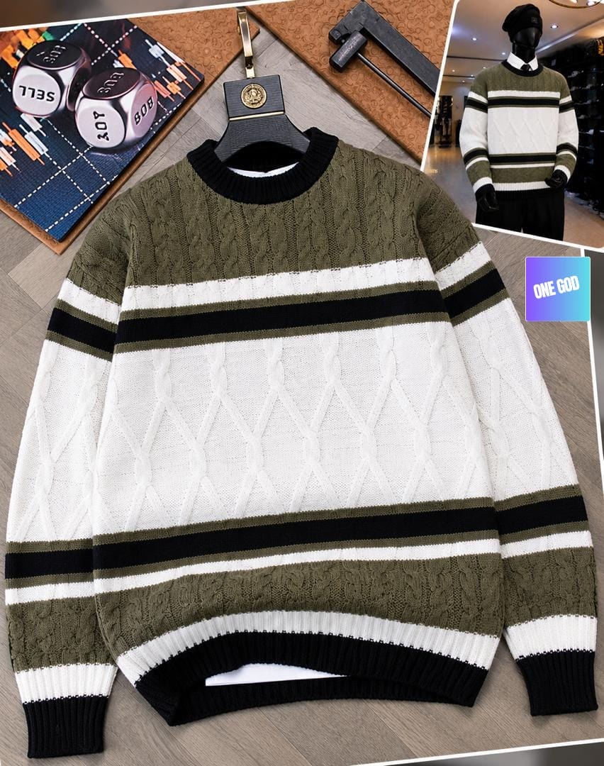 Olive green white and black striped cable knit sweater shown flat and on mannequin.