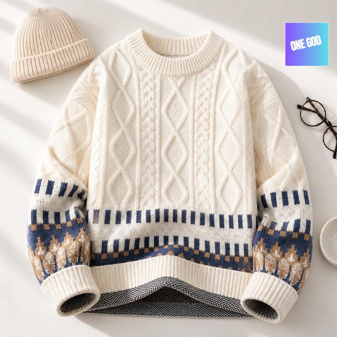 Cream cable knit sweater with blue and brown geometric patterns on sleeves and hem.