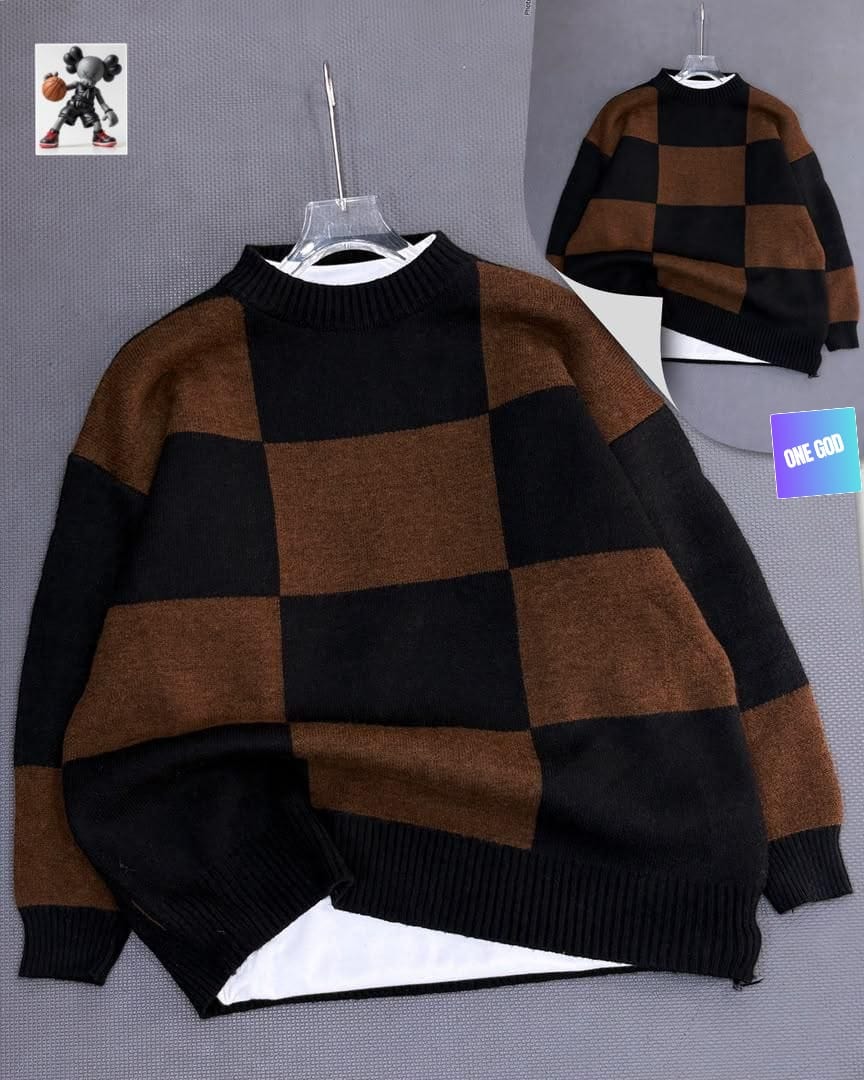 Black and brown checkered sweatshirt displayed on hanger with back inset.