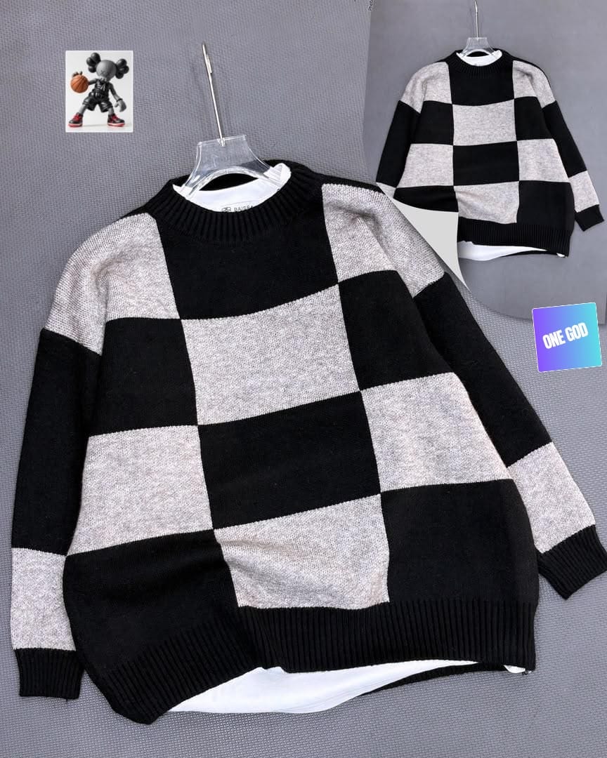 Black and gray checkered sweatshirt on hanger with back view inset.