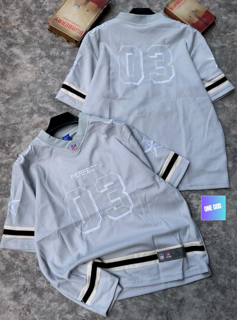 Gray mesh jersey with PERFECT and 03 graphics.