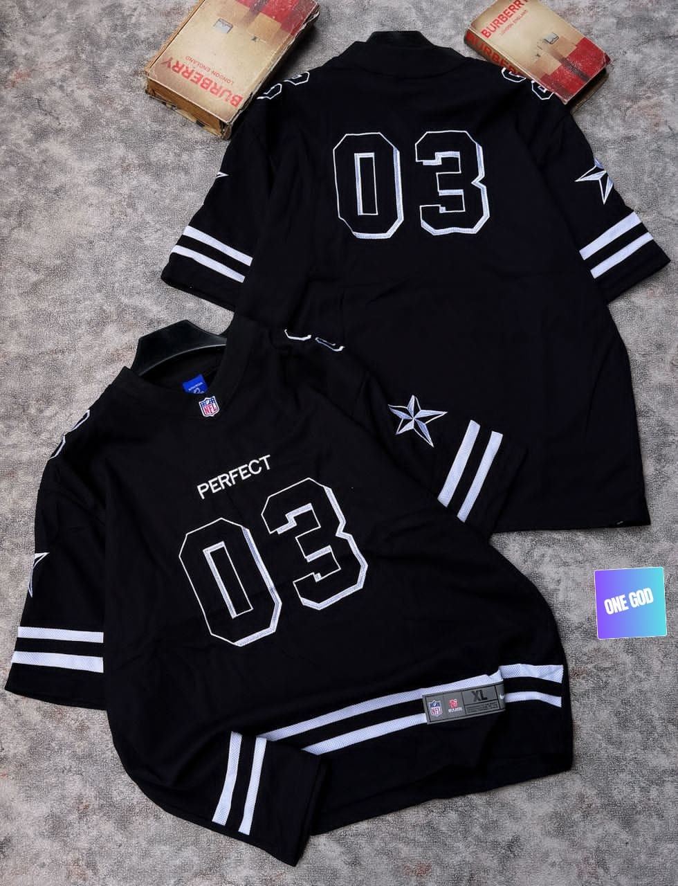 Black mesh jersey with white stripes, PERFECT and 03 graphics.