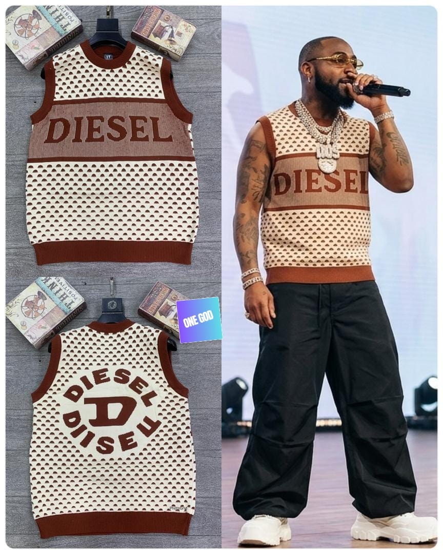 Brown and white Diesel perforated logo sleeveless sweatshirt shown in product flat lay and on model.