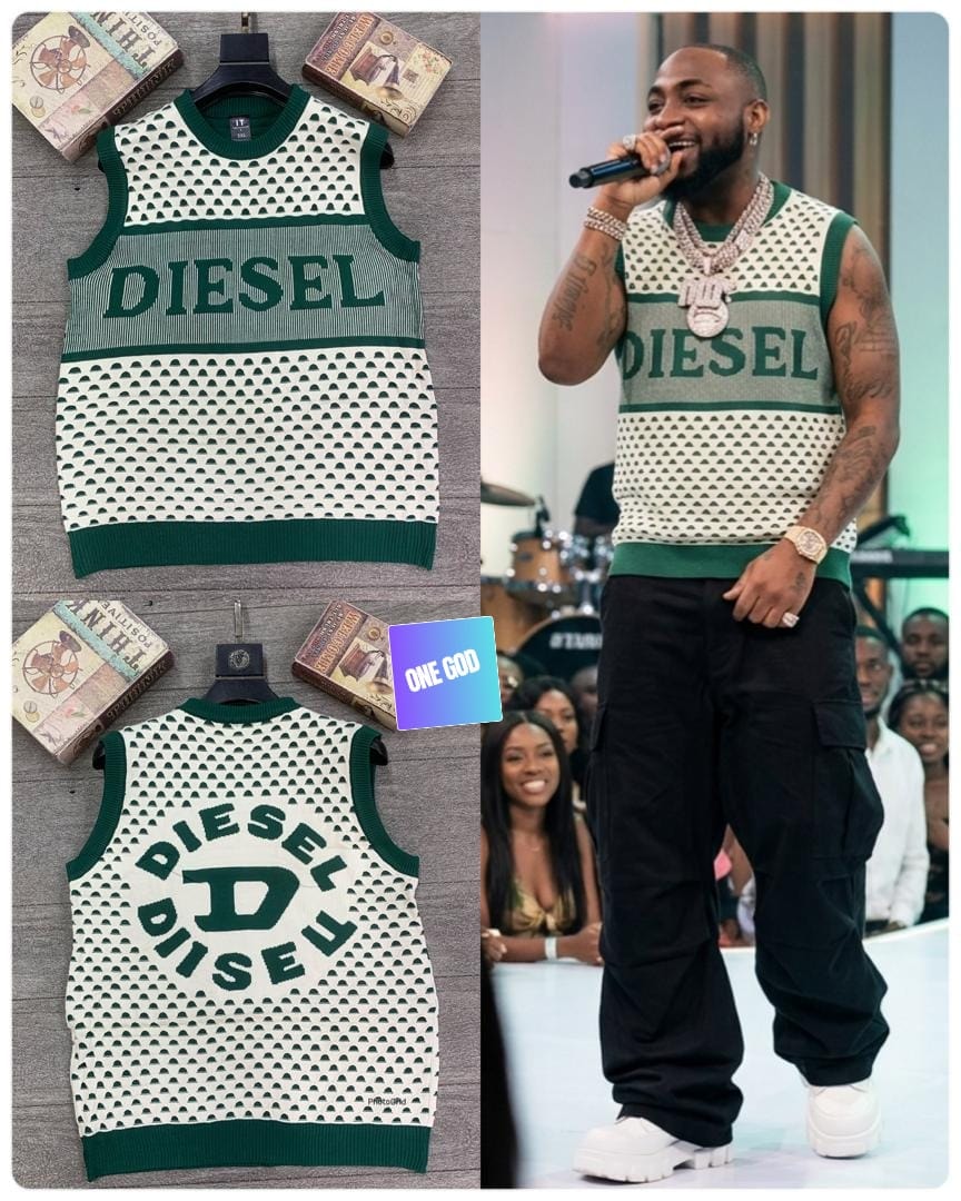 Green and white Diesel perforated logo sleeveless sweatshirt with flat lays and model wearing it.