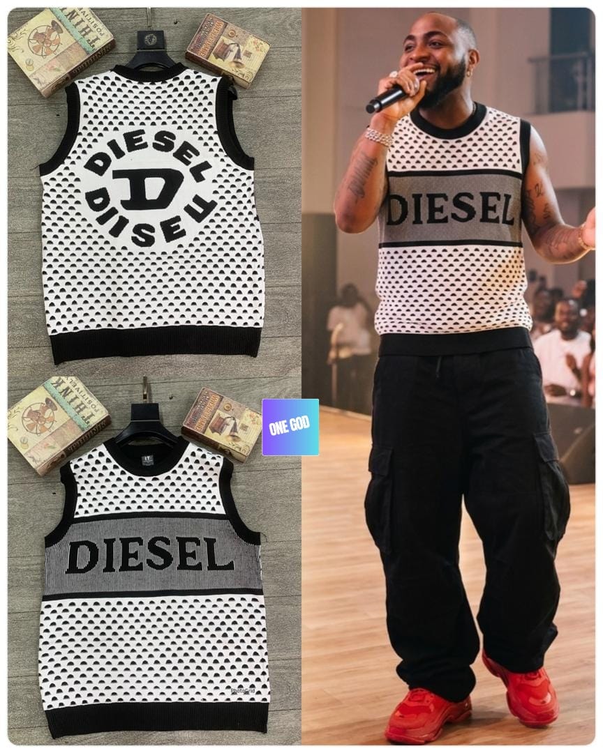 White and black Diesel perforated logo sleeveless sweatshirt displayed flat and on a model.
