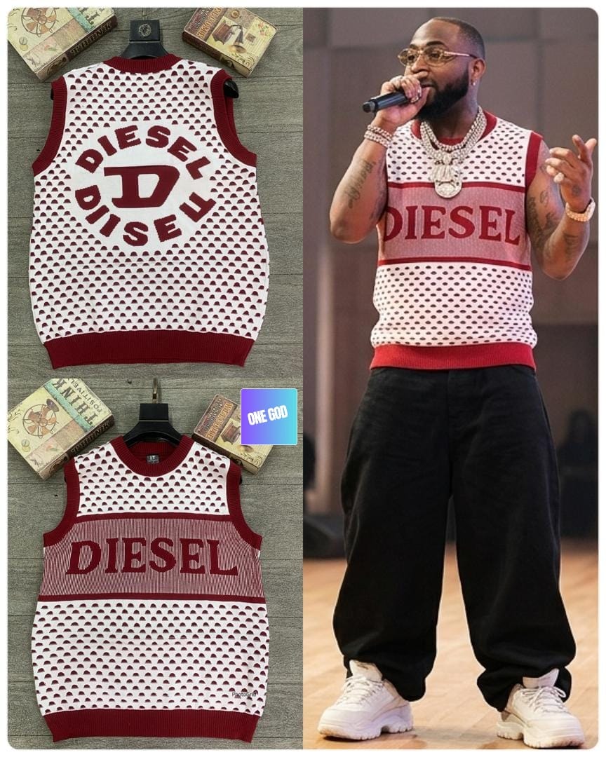 Red and white Diesel perforated logo sleeveless sweatshirt in flat lay and lifestyle model shot.