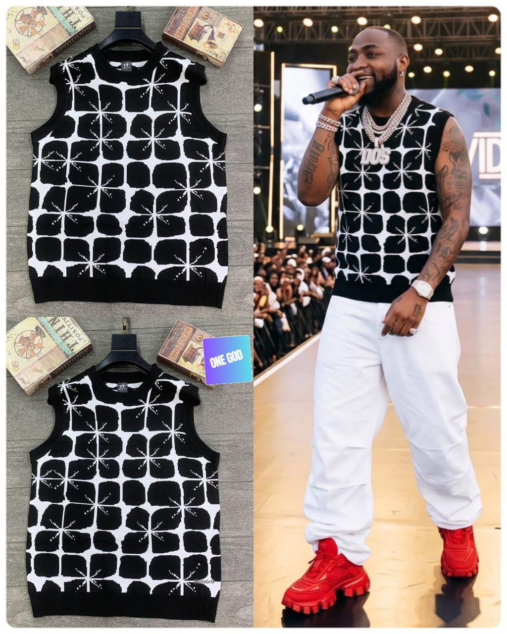 Black Diesel geometric star pattern sleeveless sweatshirt in flat lay and worn by model on stage.