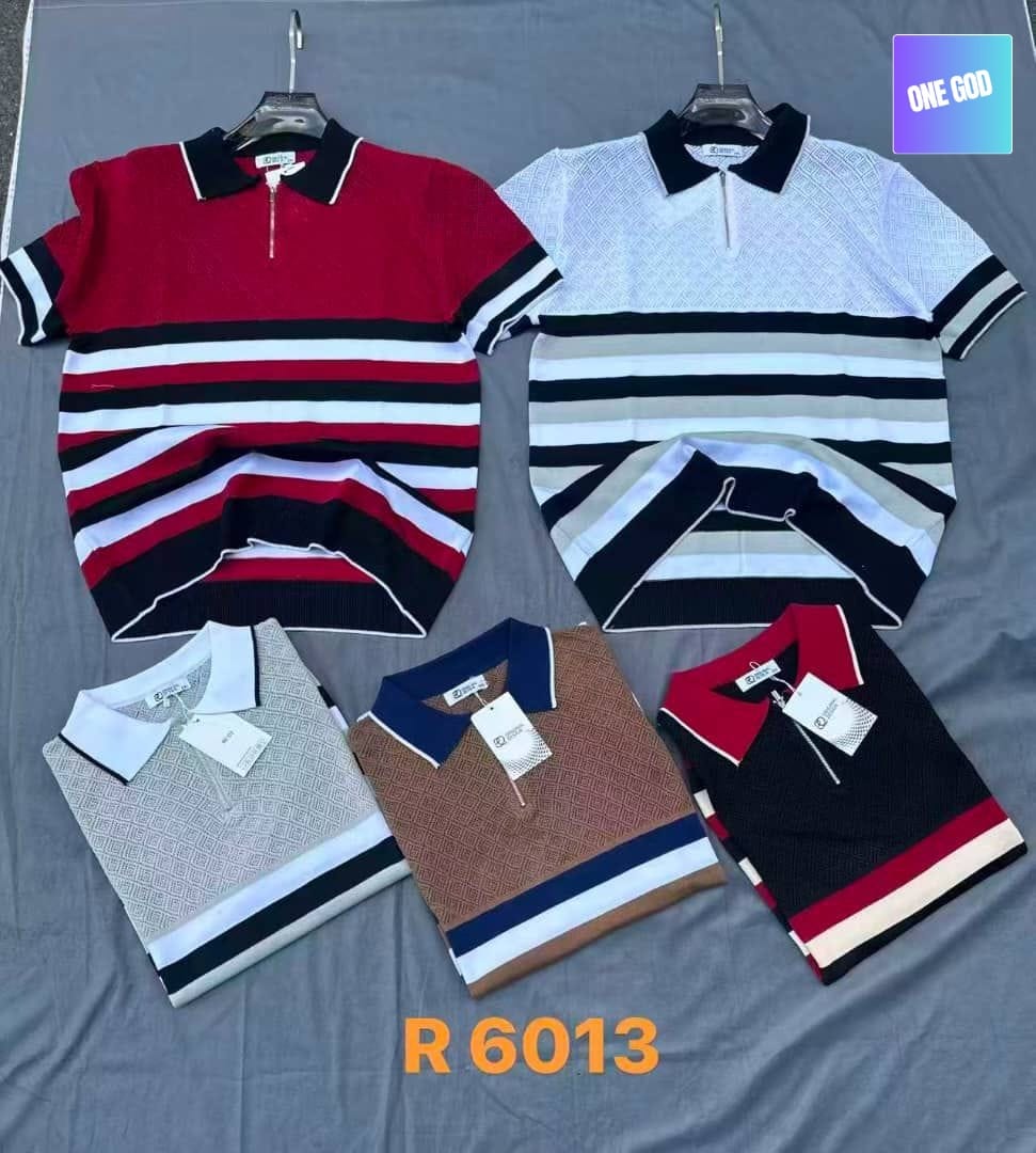 Multiple knit polo shirts in red, white, gray, brown and black with striped and geometric patterns displayed together.