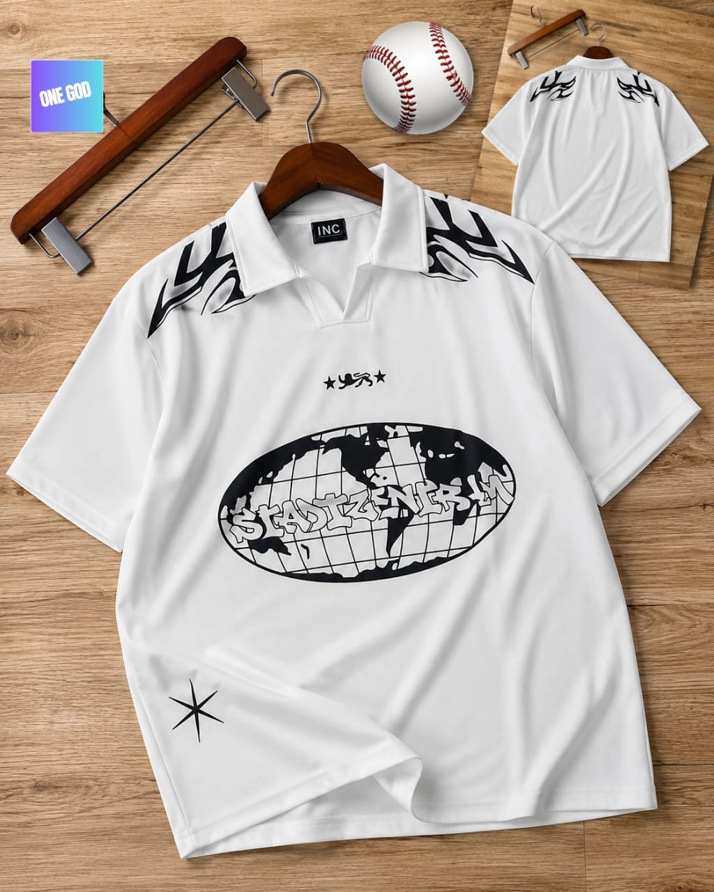 White polo shirt with globe graffiti print, flame shoulder details and star accents.