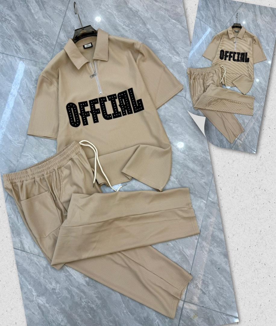 Beige ribbed polo and pants set with black OFFICIAL print.