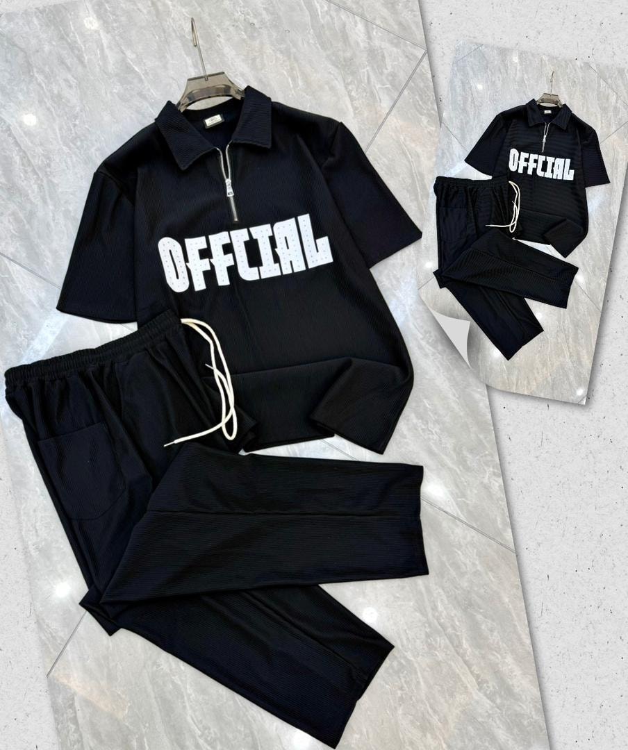 Black ribbed polo and pants with white OFFICIAL text print.