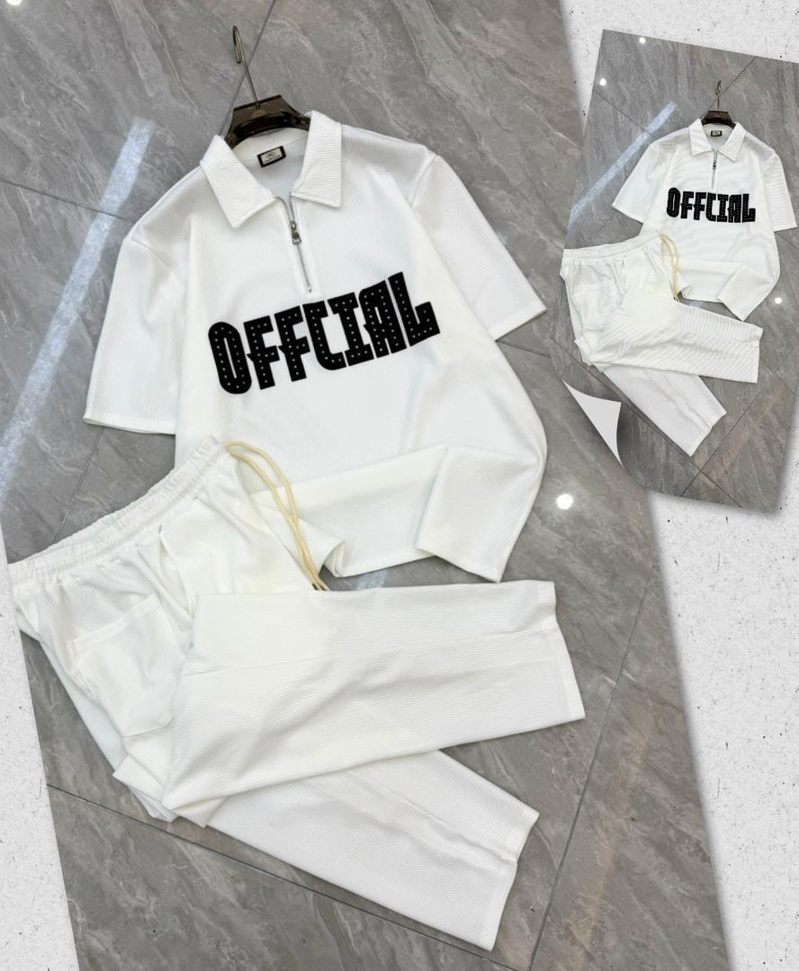 White ribbed polo shirt and pants two-piece set with black OFFICIAL studded print.